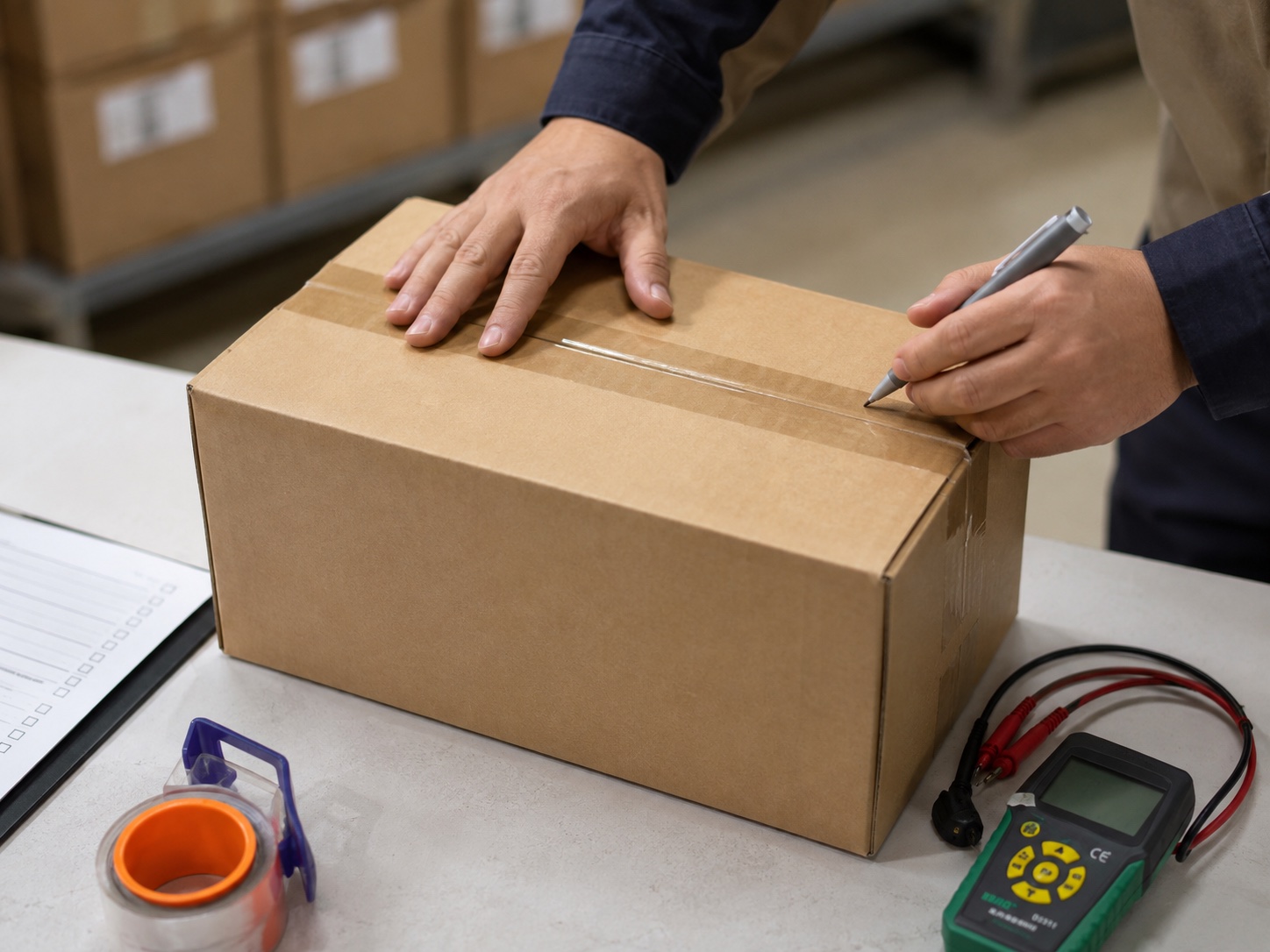 Warehouse worker marking a carton during order verification