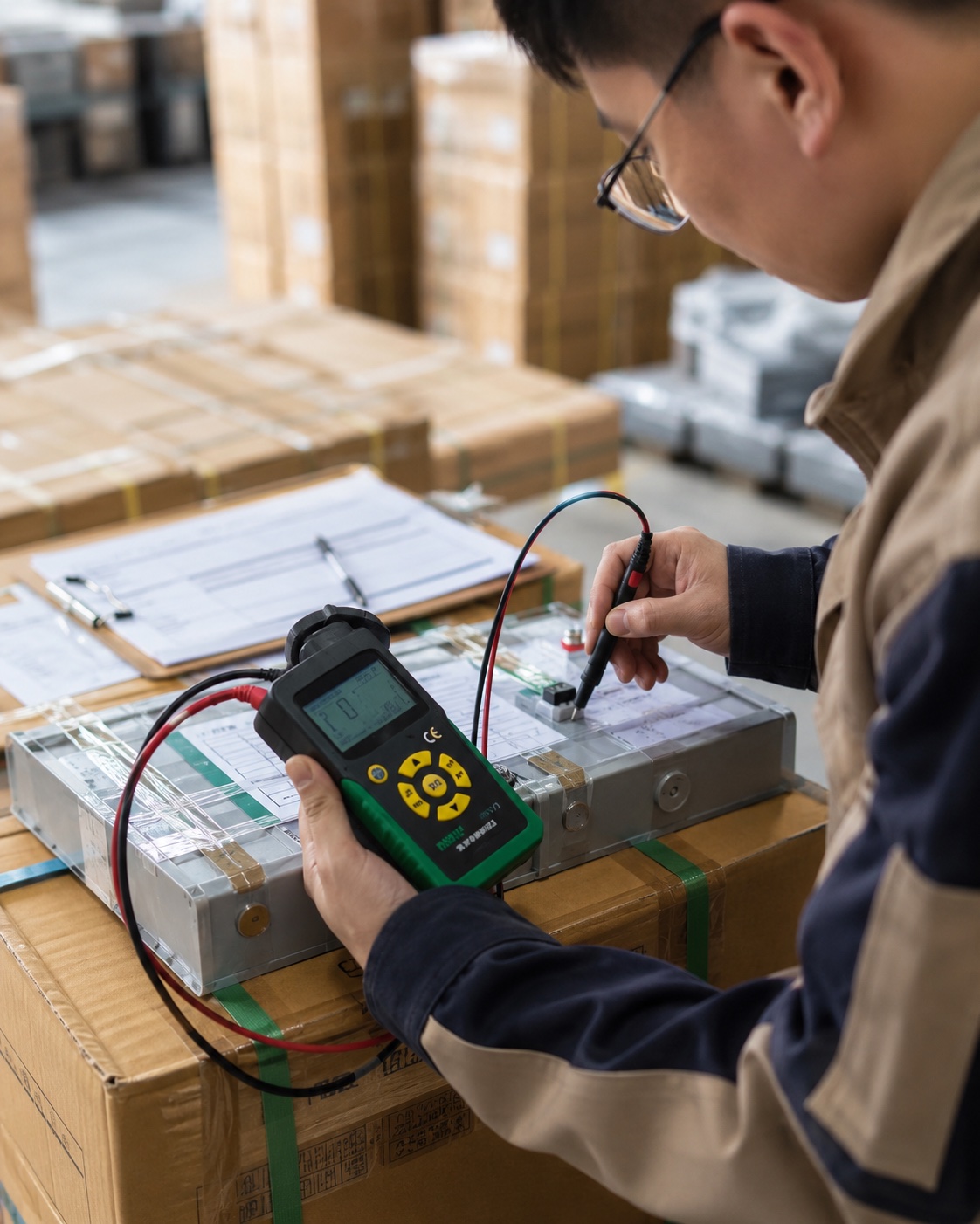 Warehouse team using a handheld meter to check an order