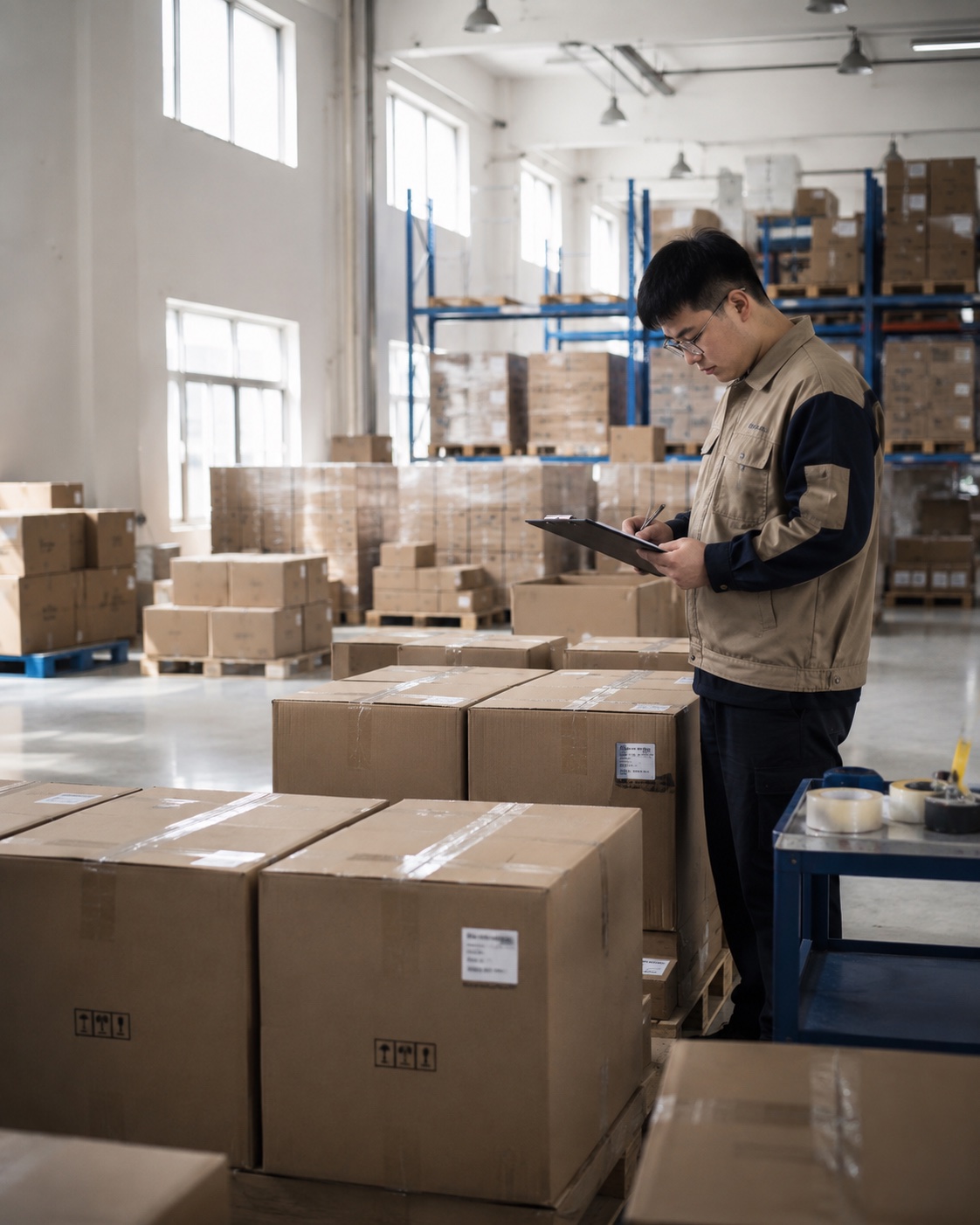 Warehouse operator reviewing cartons in Guangzhou
